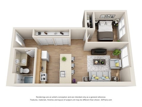 Floor plan for 1 bed, 1 bath, 572 sqft